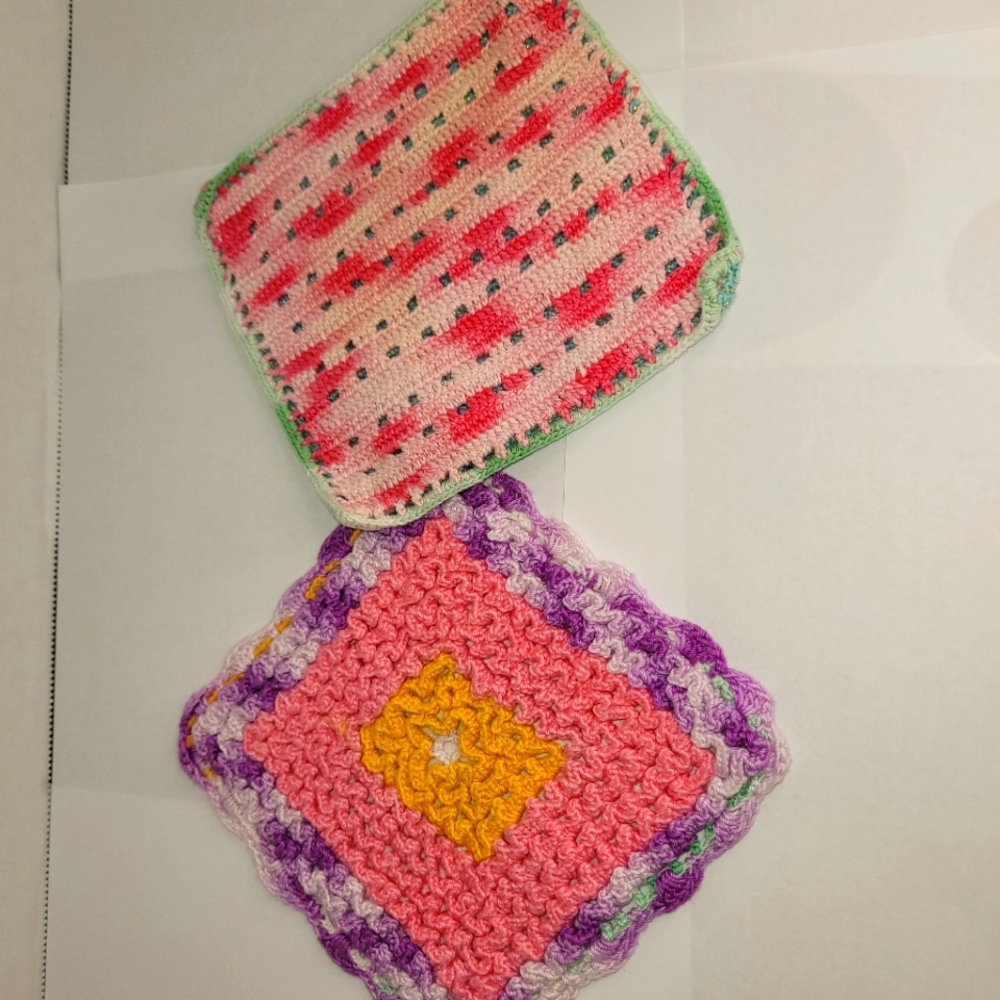 Vintage Potholders Pink Green Purple Yellow Crochet Handmade